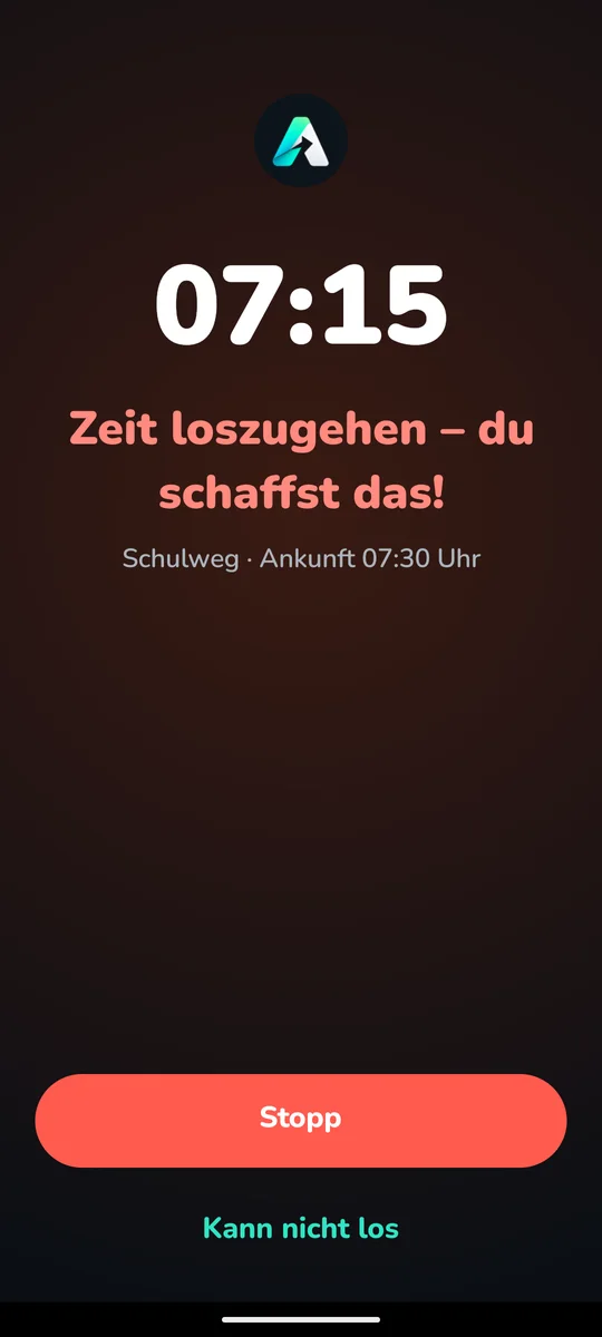 Alarm: Zeit loszugehen, Stopp, Kann nicht los